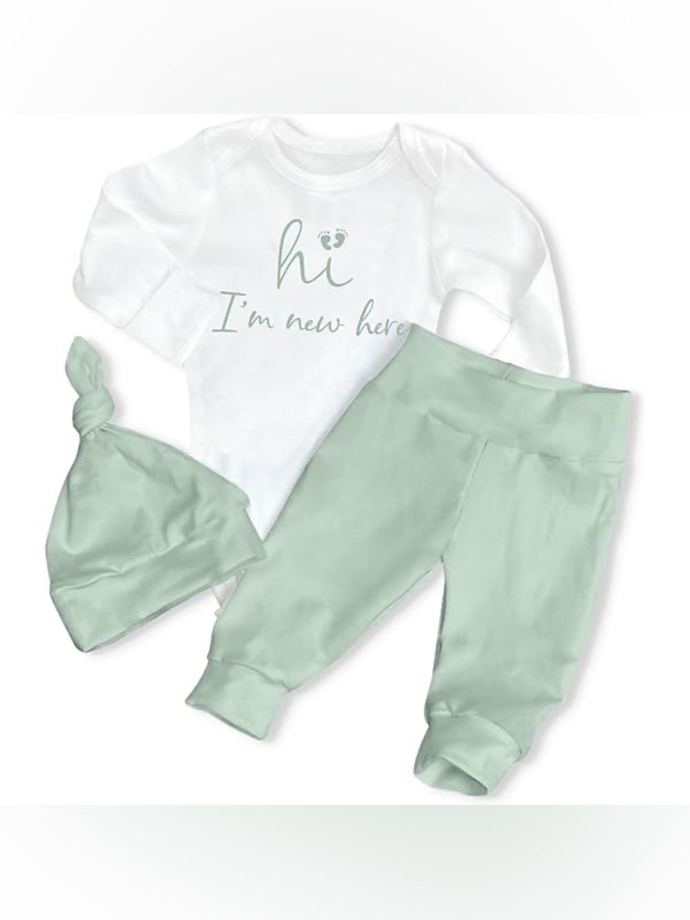 Newborn Set "hi I'm new here" Onesie with Mint Pants & Hat